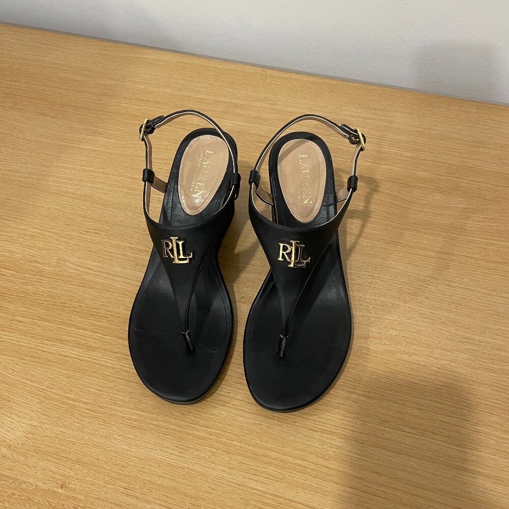 Like New Ralph Lauren Jeannie T-Strap Black Wedge Sandal Size 8